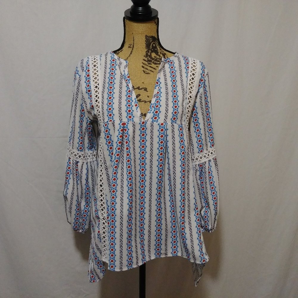 Dresswel Peasant Boho Top White Blue Balloon Sleeves Size Small